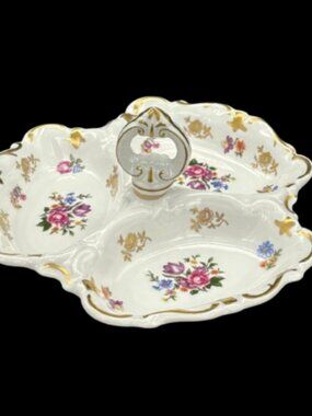 Vintage Reichenbach German 3 section Divided Floral Serving Dish Gold Trim